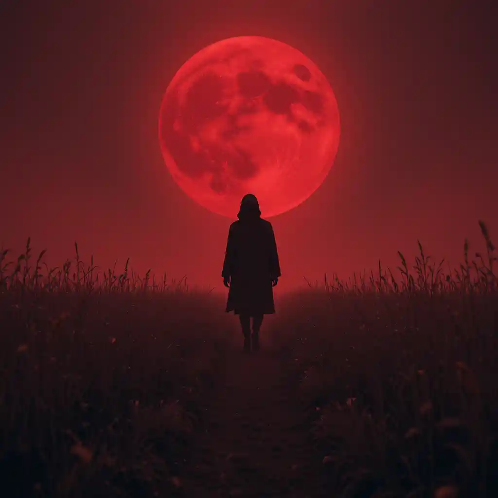 Figura oscura che attraversa un campo sotto una luna rosso sangue