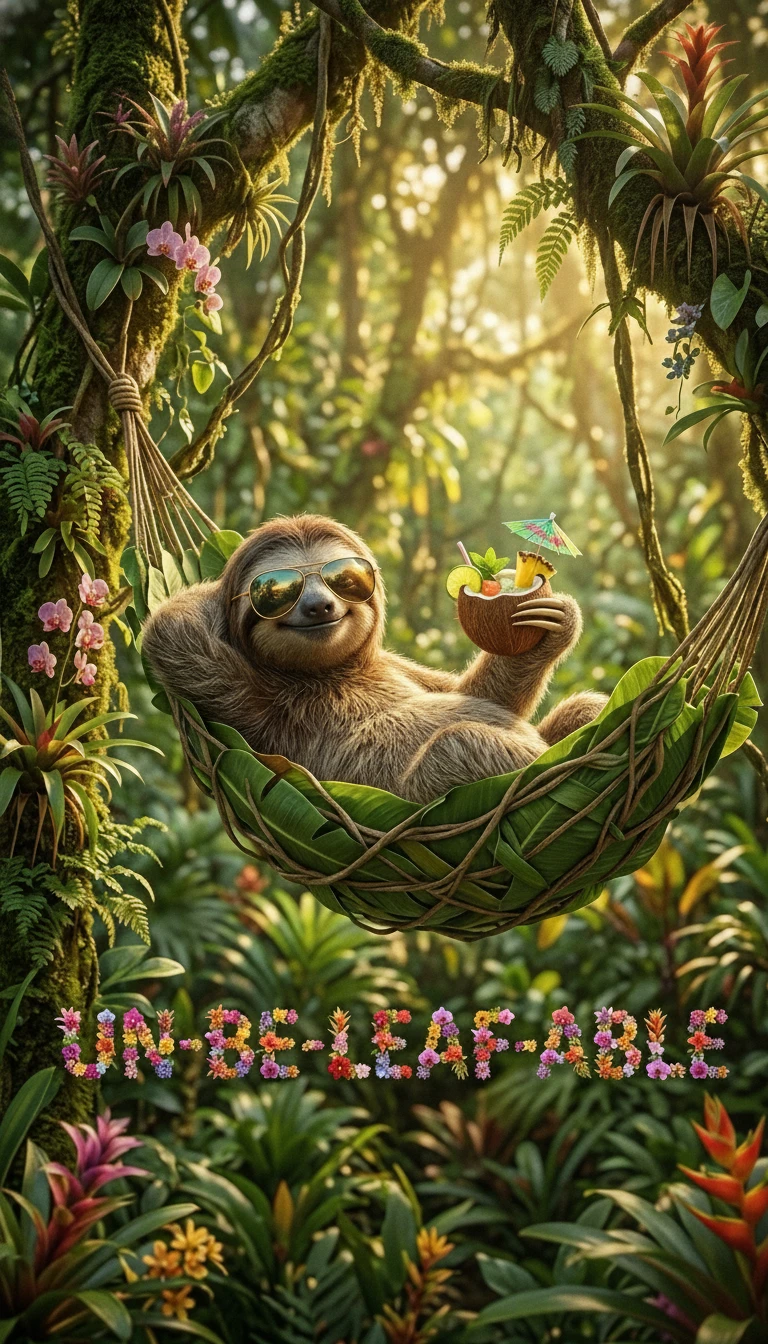 Relaxed sloth in a leafy hammock with tropical cocktail