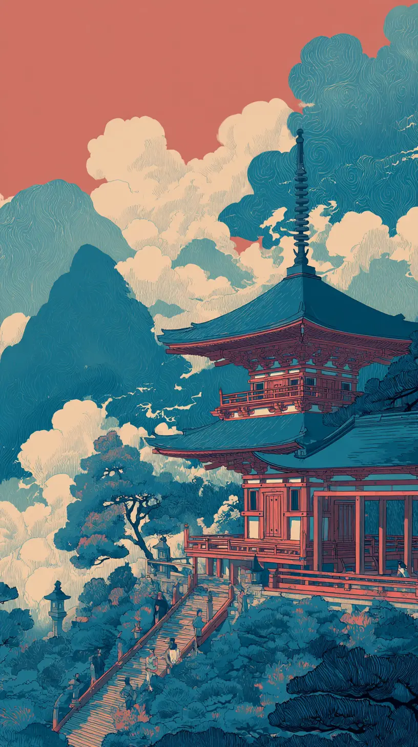 Ukiyo e temple terrace overlooking a misty mountainside
