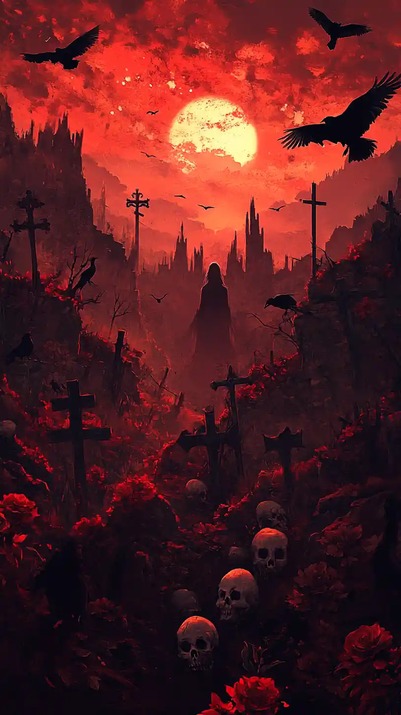 Ethereal female silhouette filled with sunset and graveyard