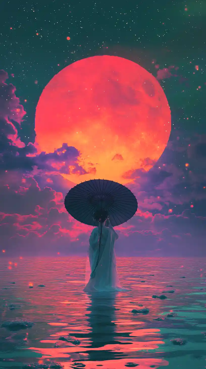 Woman in hanfu with parasol before a colossal purple sun