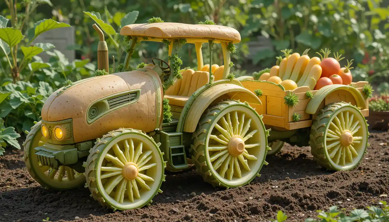 Vegetable Tractor With Fruit Trailer In Garden Daylight