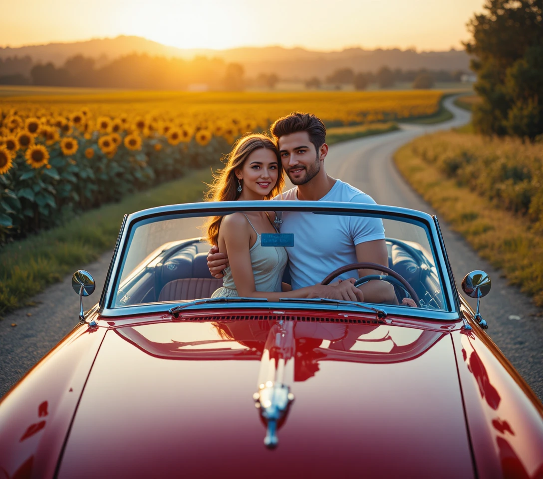 Couple embracing by red convertible on sunflower country road