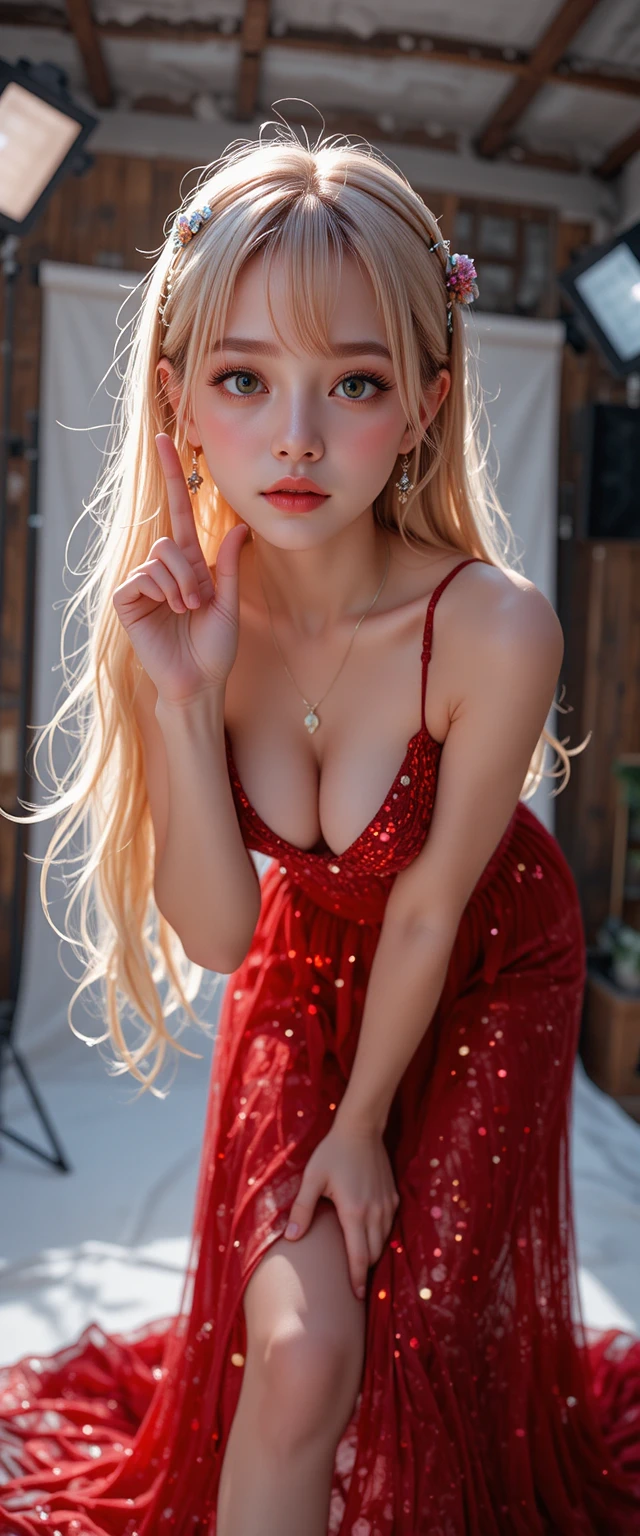自信滿滿的紅色洋裝動漫少女在棚內擺姿勢