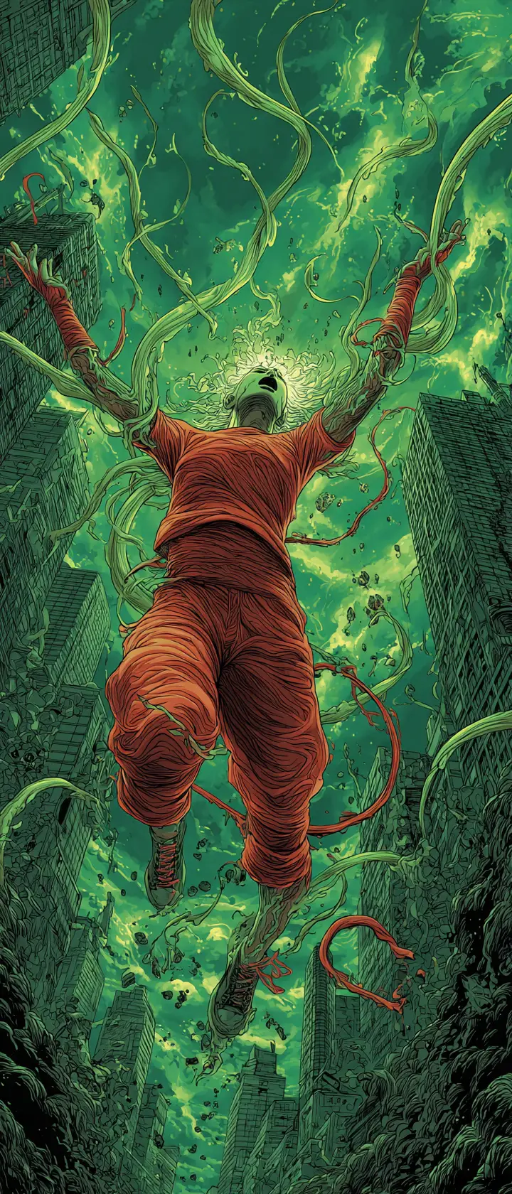 Surreal anime mutant rising in toxic green energy