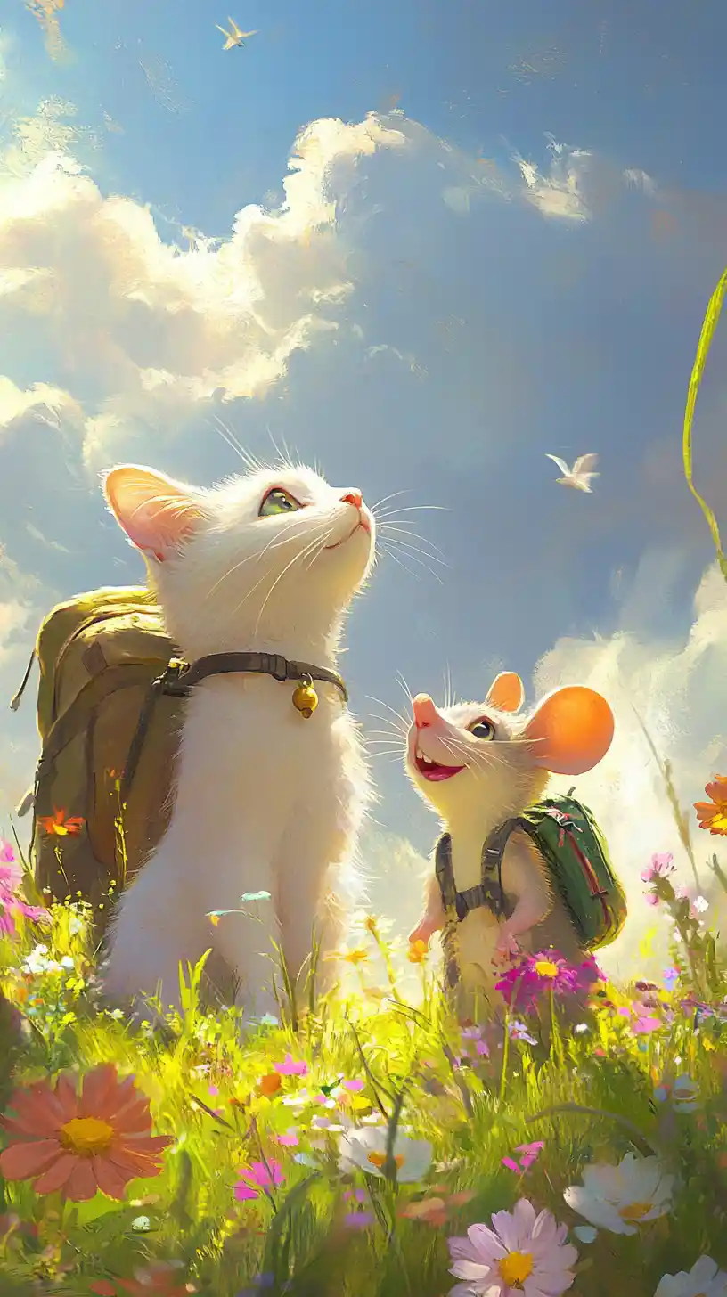White cat watching a smiling backpacked mouse in meadow