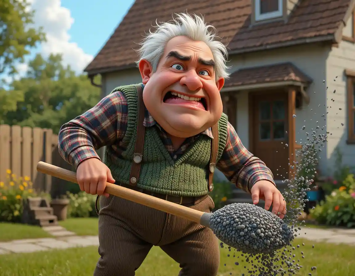 Grumpy Grandfather Shoveling Gravel In 3D Cartoon Yard