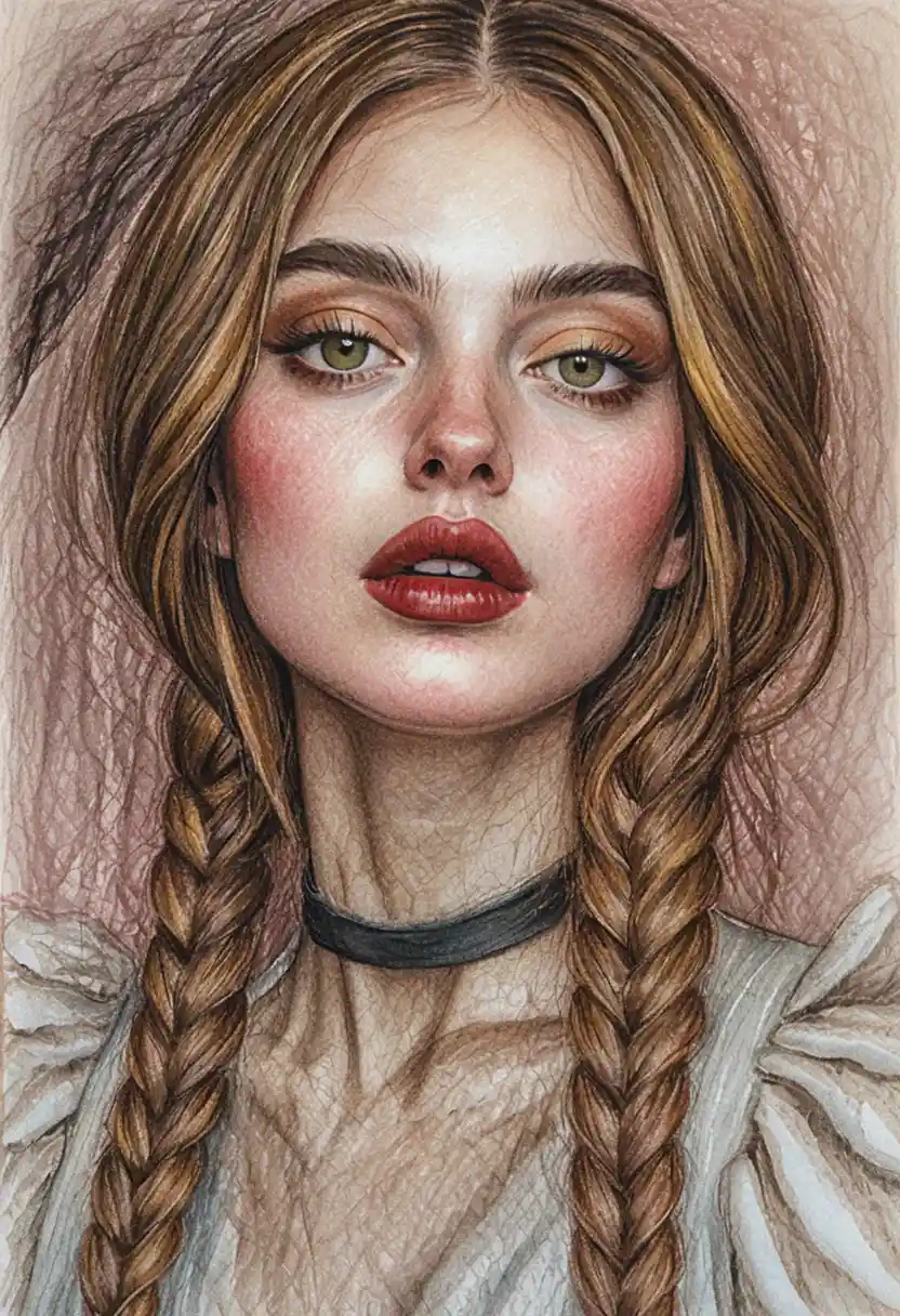Colored pencil portrait of a girl with braids and red lips