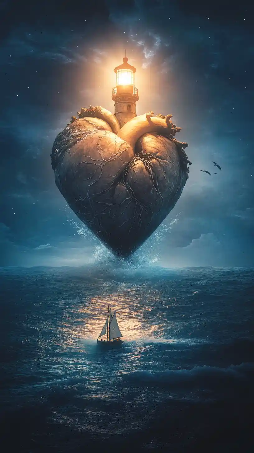 Corazón faro surreal guiando a un barco solitario de noche