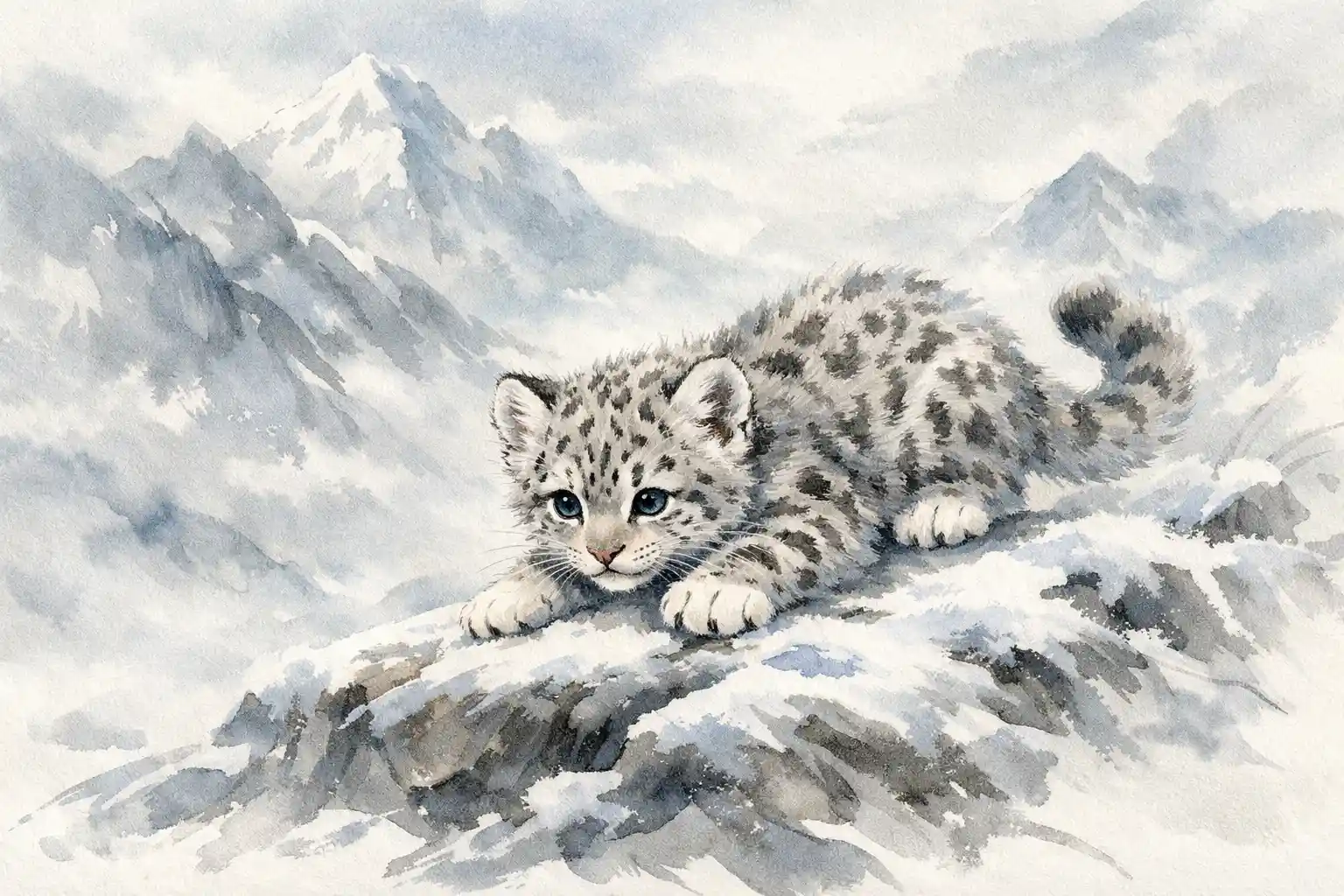 Playful snow leopard cub on snowy Himalayan mountain rocks
