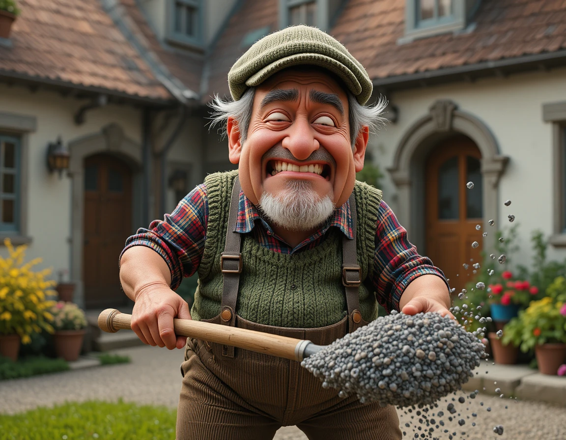 Grumpy Grandpa Tossing Gravel In A Country Cottage Yard