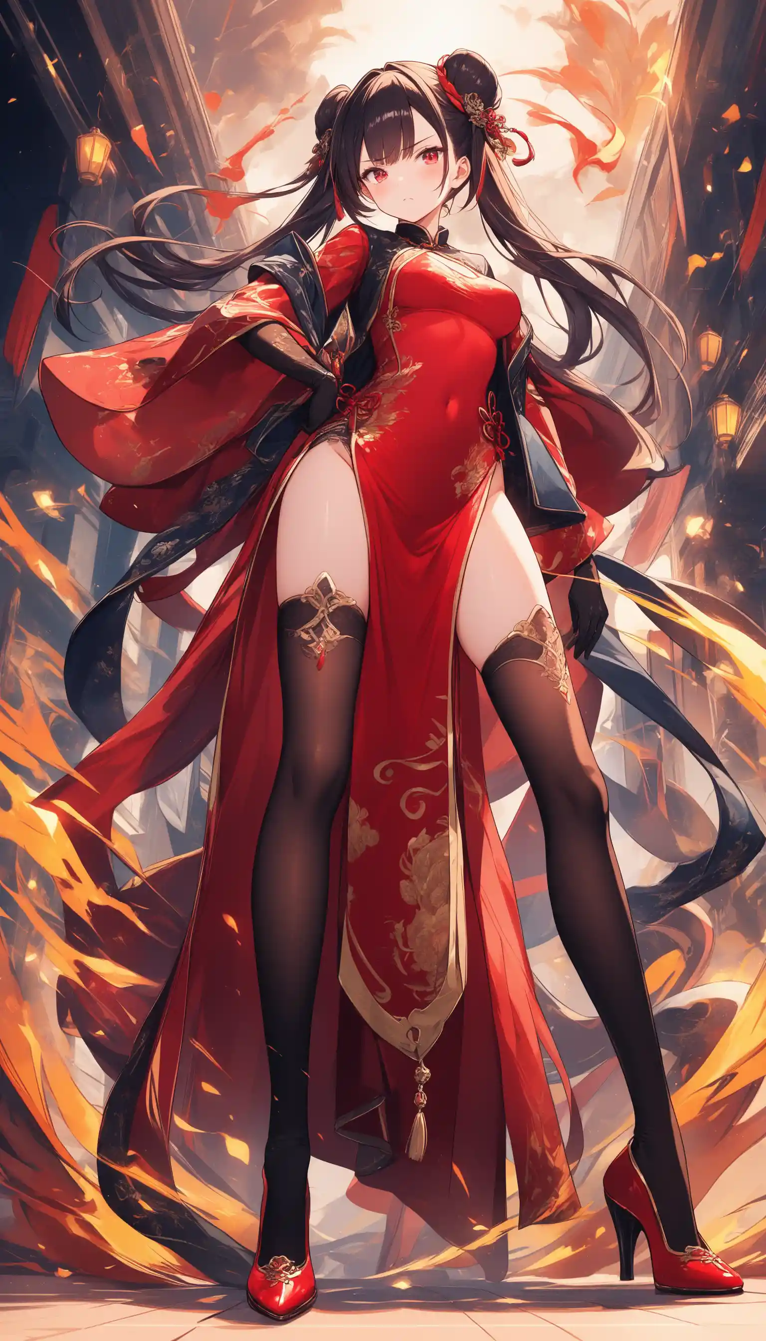 Confident anime woman in red chinese dress indoors