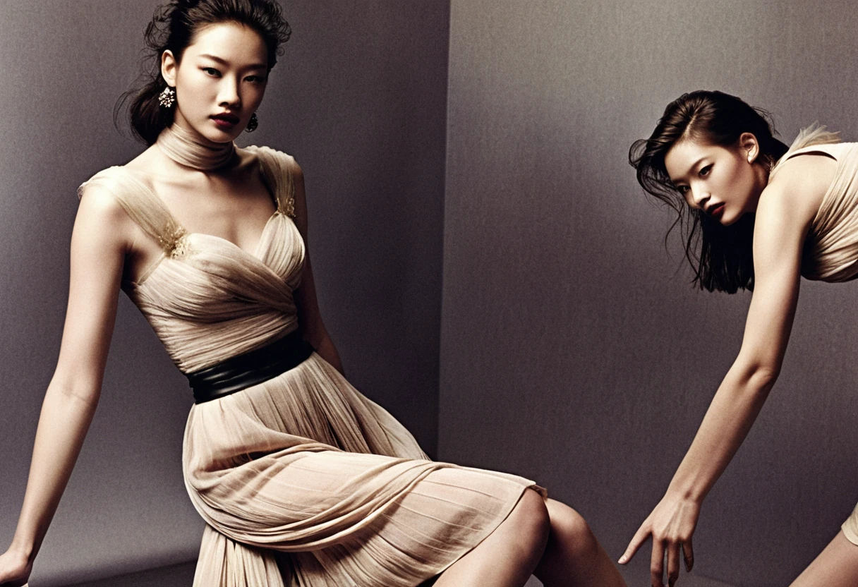 Weibliche Models posieren in dramatischer High-Fashion-Studio­szene