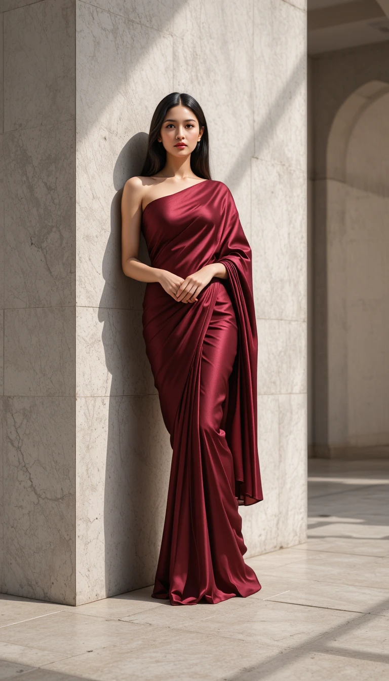 Woman in crimson saree leaning against modern wall