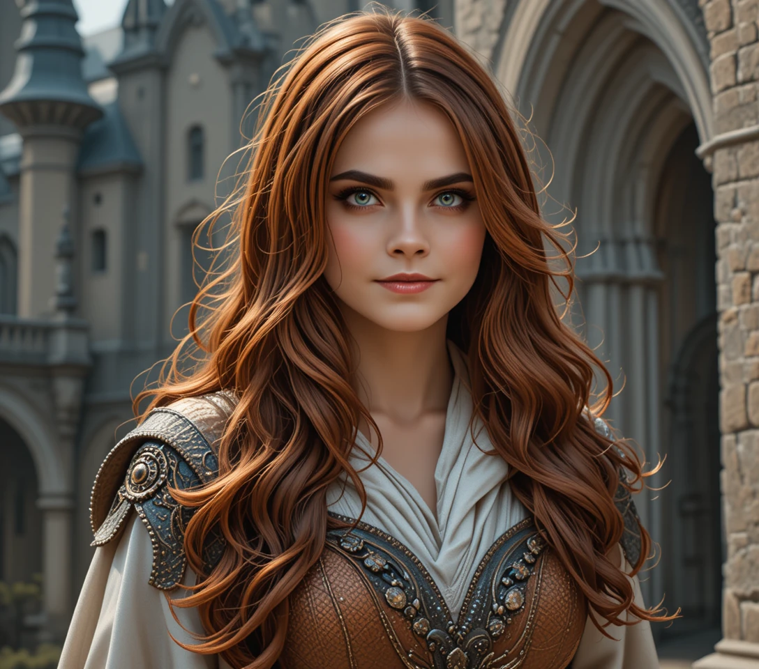 Smiling red haired woman on a gothic palace wall