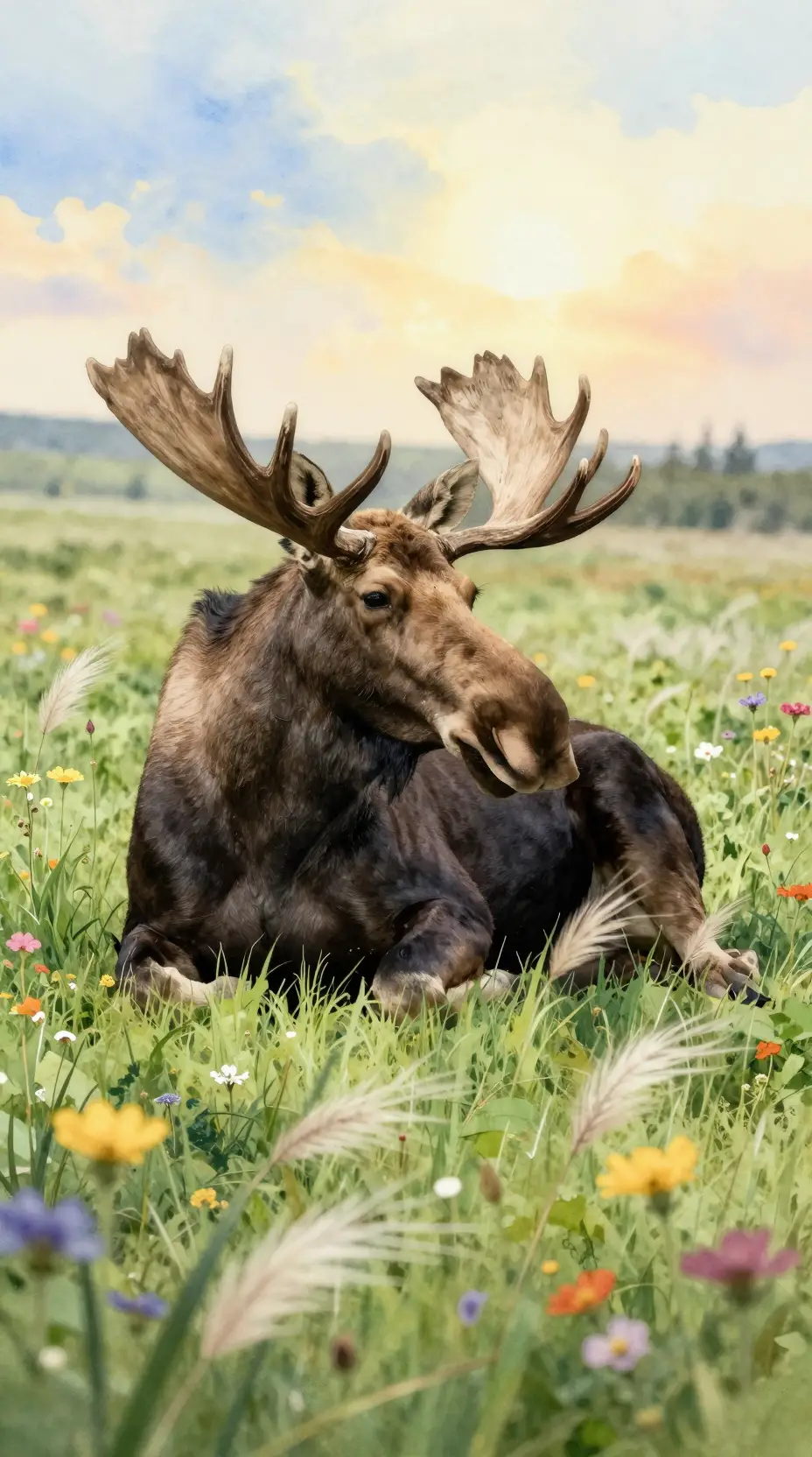 Watercolor moose resting peacefully in a sunny meadow