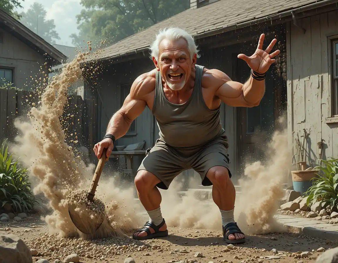 Wrinkled retiree hero hurling gravel in his dusty yard