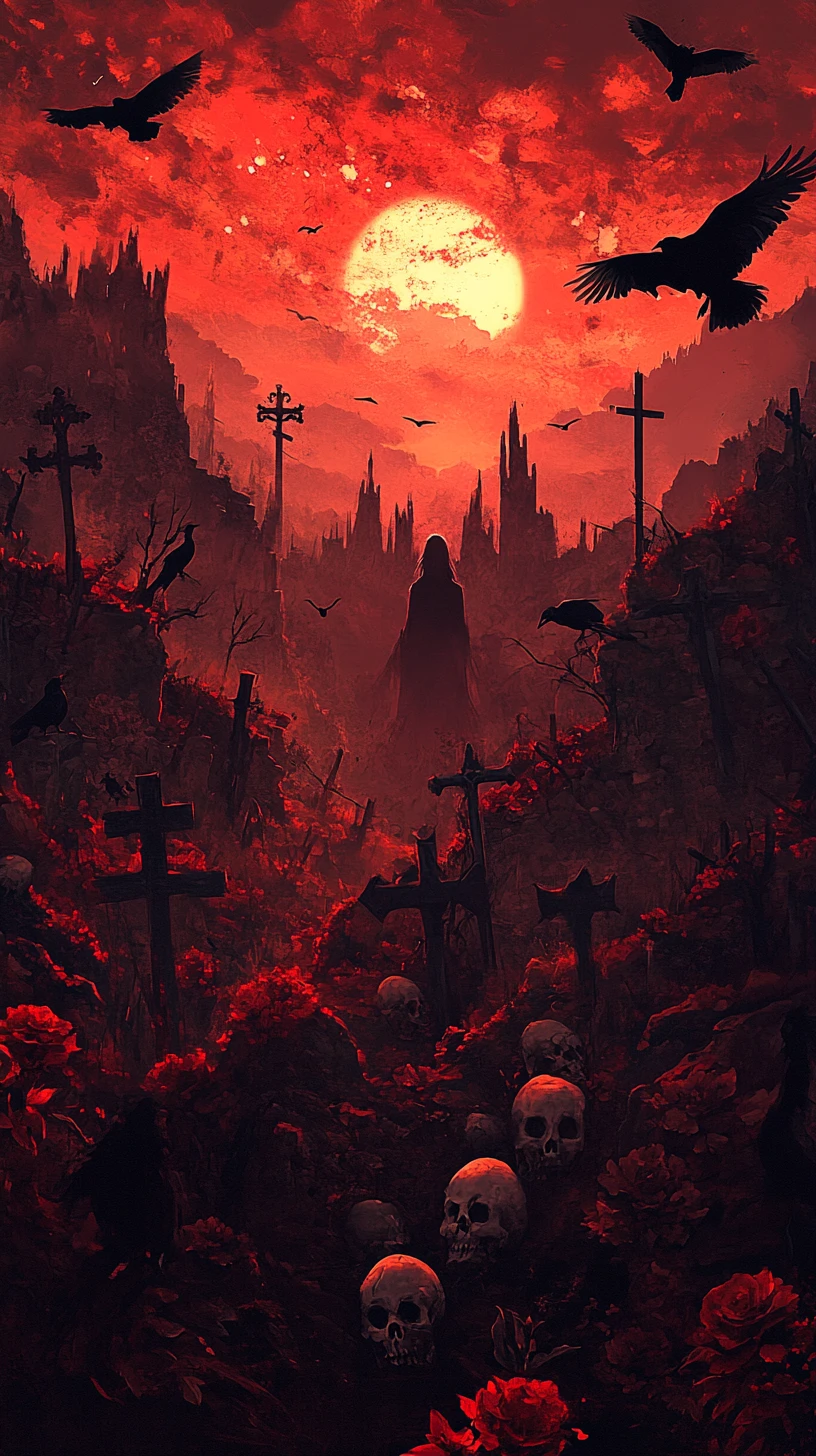 Ethereal female silhouette filled with sunset and graveyard