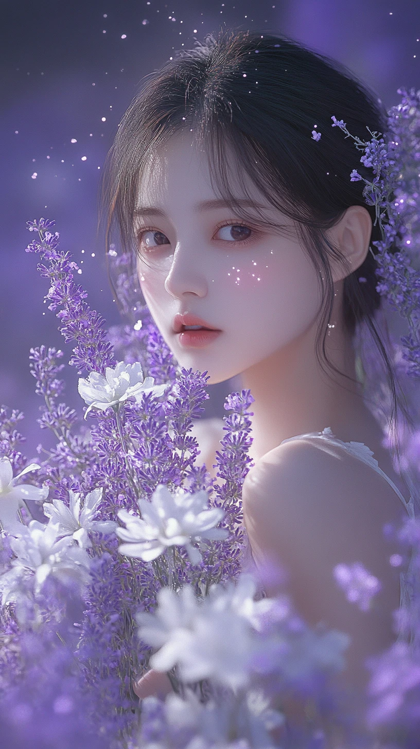 星空紫色花海中擁抱發光花束的年輕女子