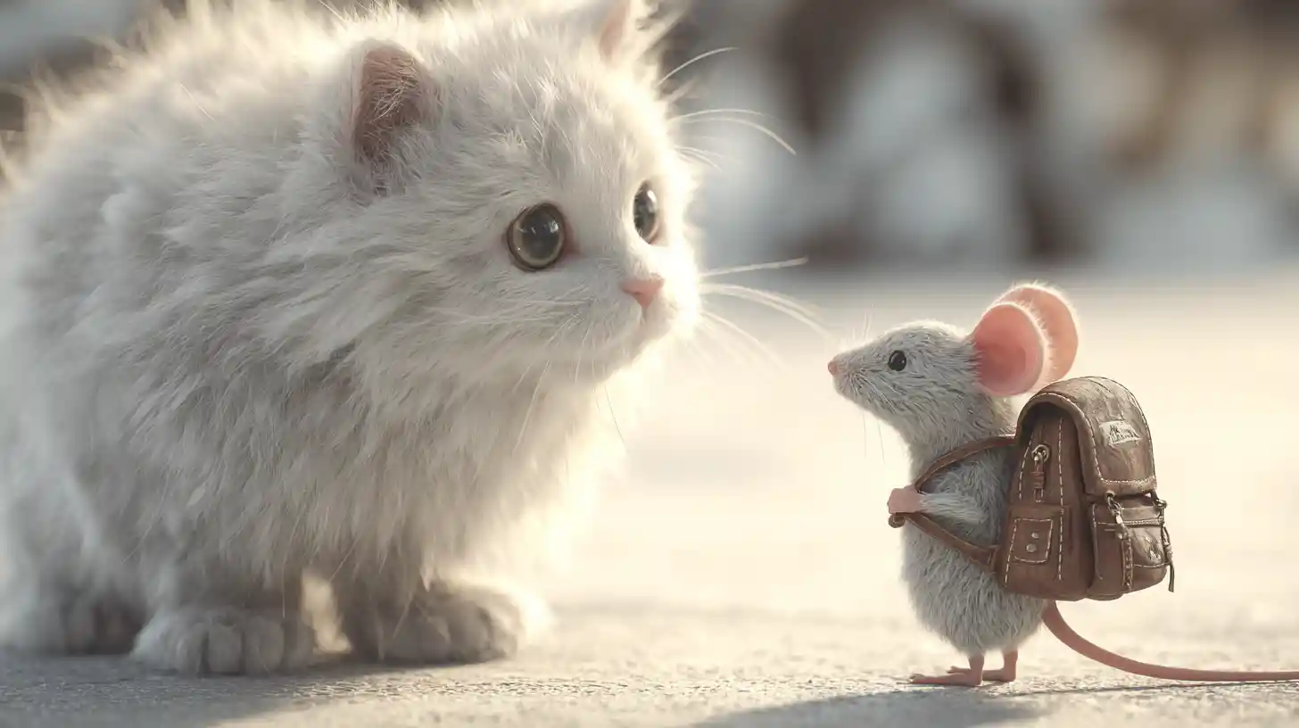 Gatto 3D di fronte a un topo sorridente con un piccolo zaino