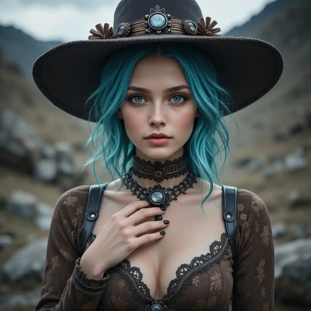 Turquoise haired woman in hat before rocky mountains