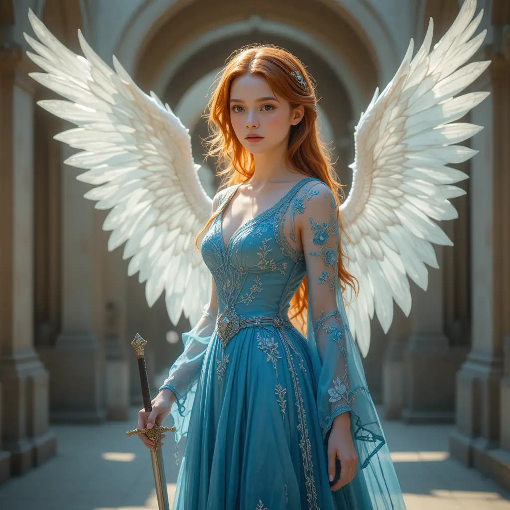 Heroic fantasy woman in blue gown with glowing wings