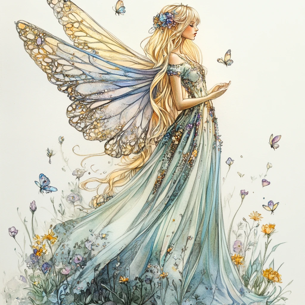 Whimsical blonde fairy in a flowing pastel watercolor gown