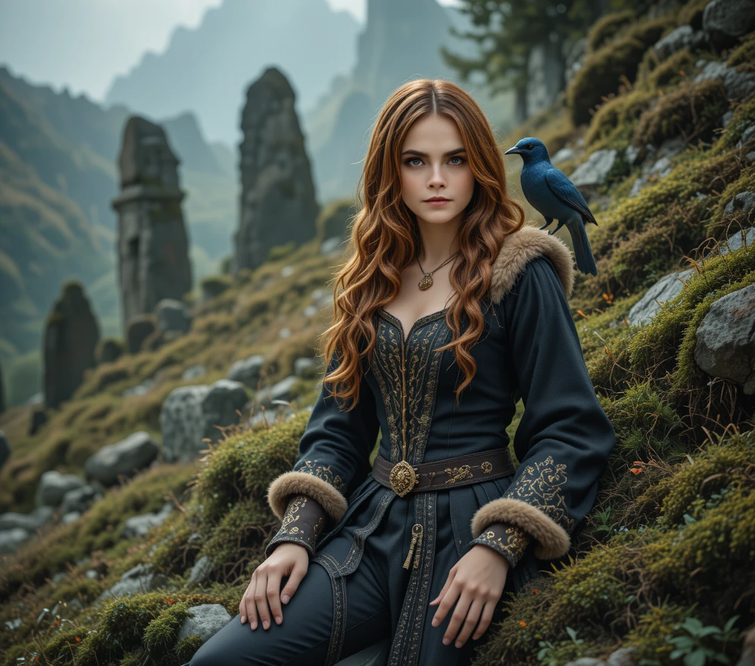 Red haired huntress resting by mossy rocks and dolmens