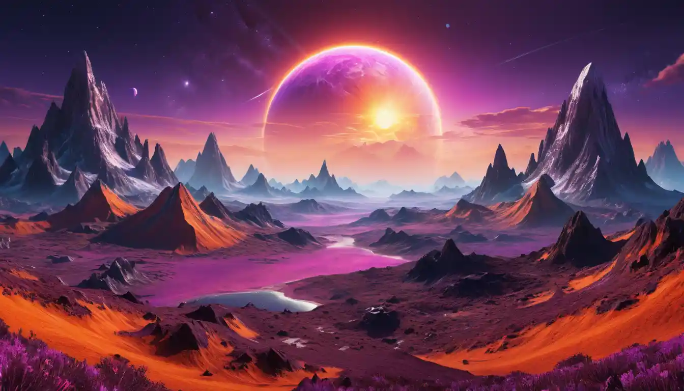 Vista Panorámica de Montañas Alienígenas Bajo Dos Soles