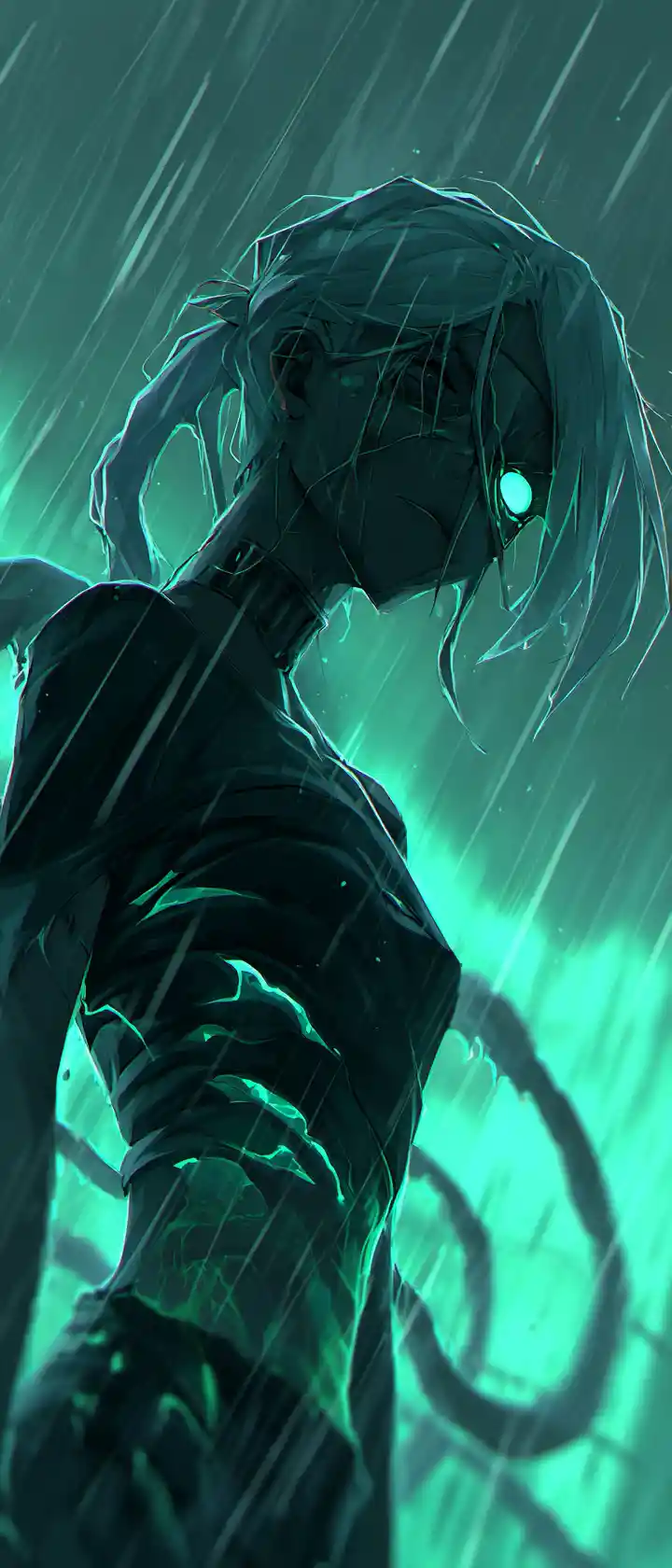 Mutated anime woman standing defiant in radioactive rain