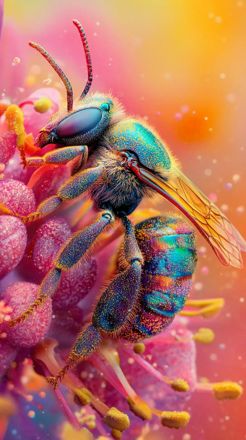 Colorful macro bee on exotic flower stamen with pollen