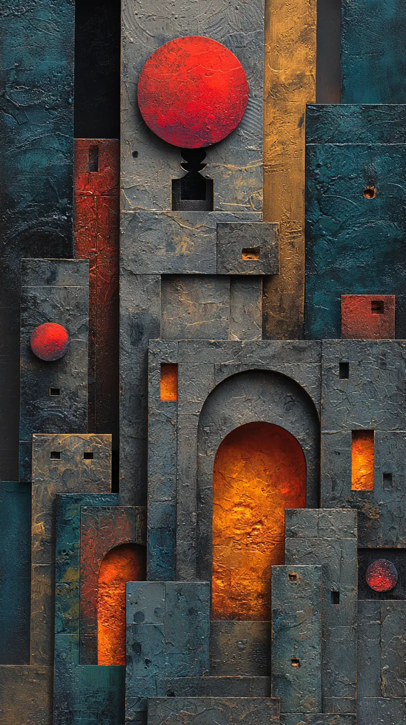 Abstract geometric structure with glowing red orbs and stone forms