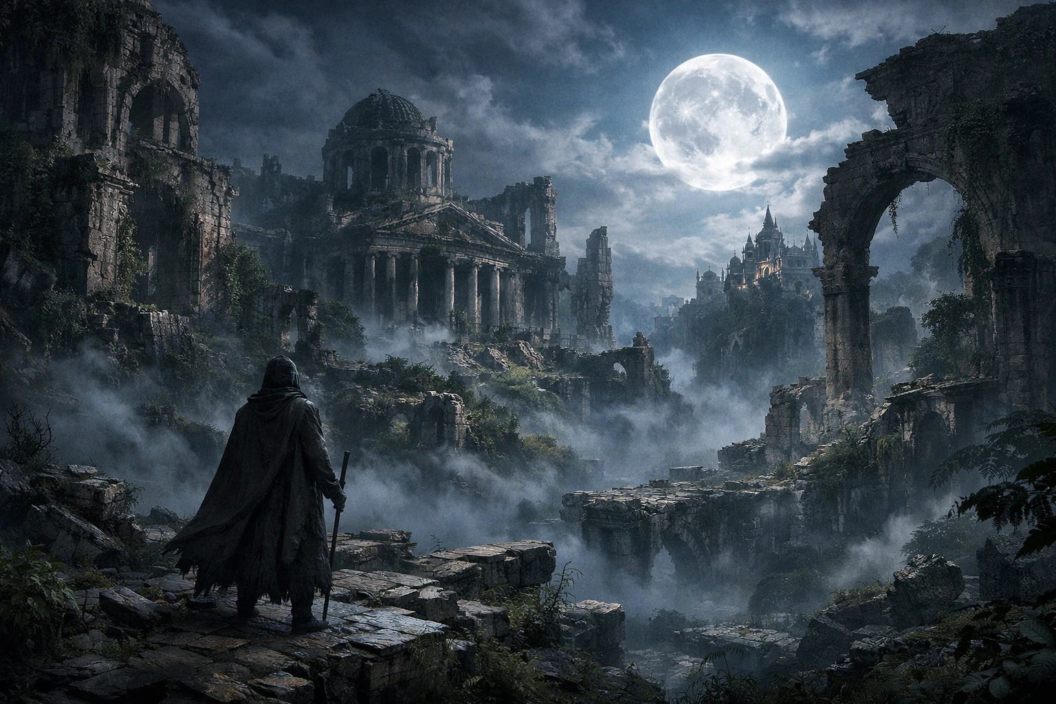 Figura solitaria encapuchada al borde de una ciudad en ruinas iluminada por la luna