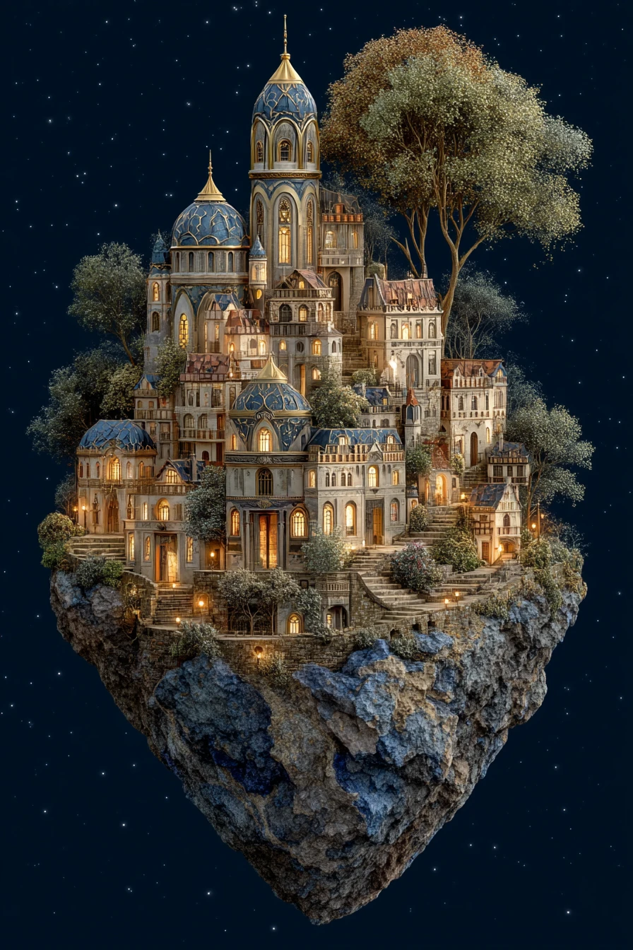 Levitating medieval town floating on volcanic rock in space
