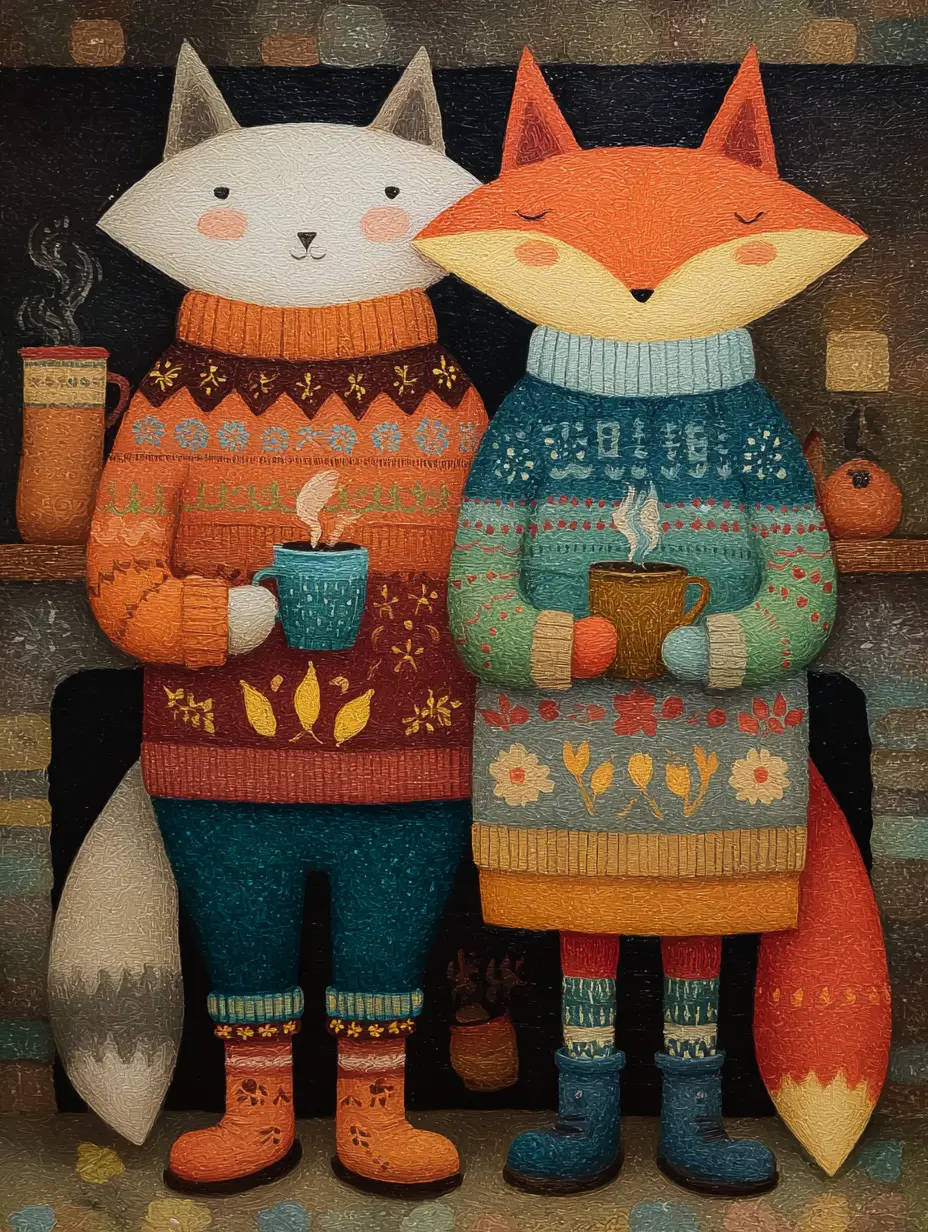 Cozy folk art cat and fox cooking together