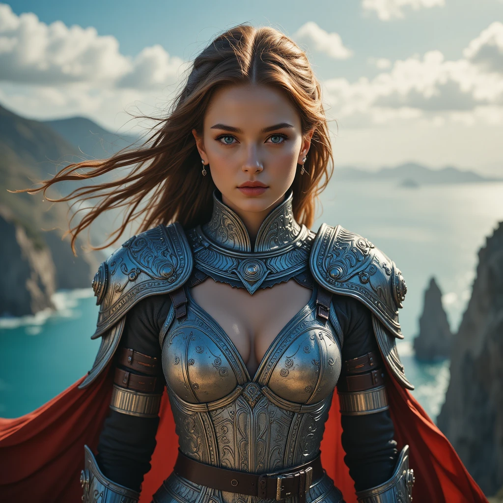 Guerriera fantasy su una scogliera costiera sferzata dal vento al tramonto