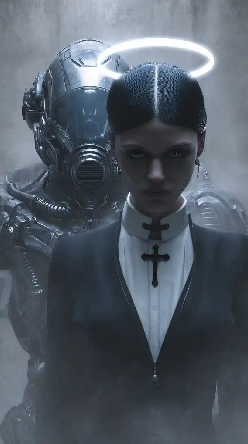 Sinister voodoo man confronting a fearful parish priest