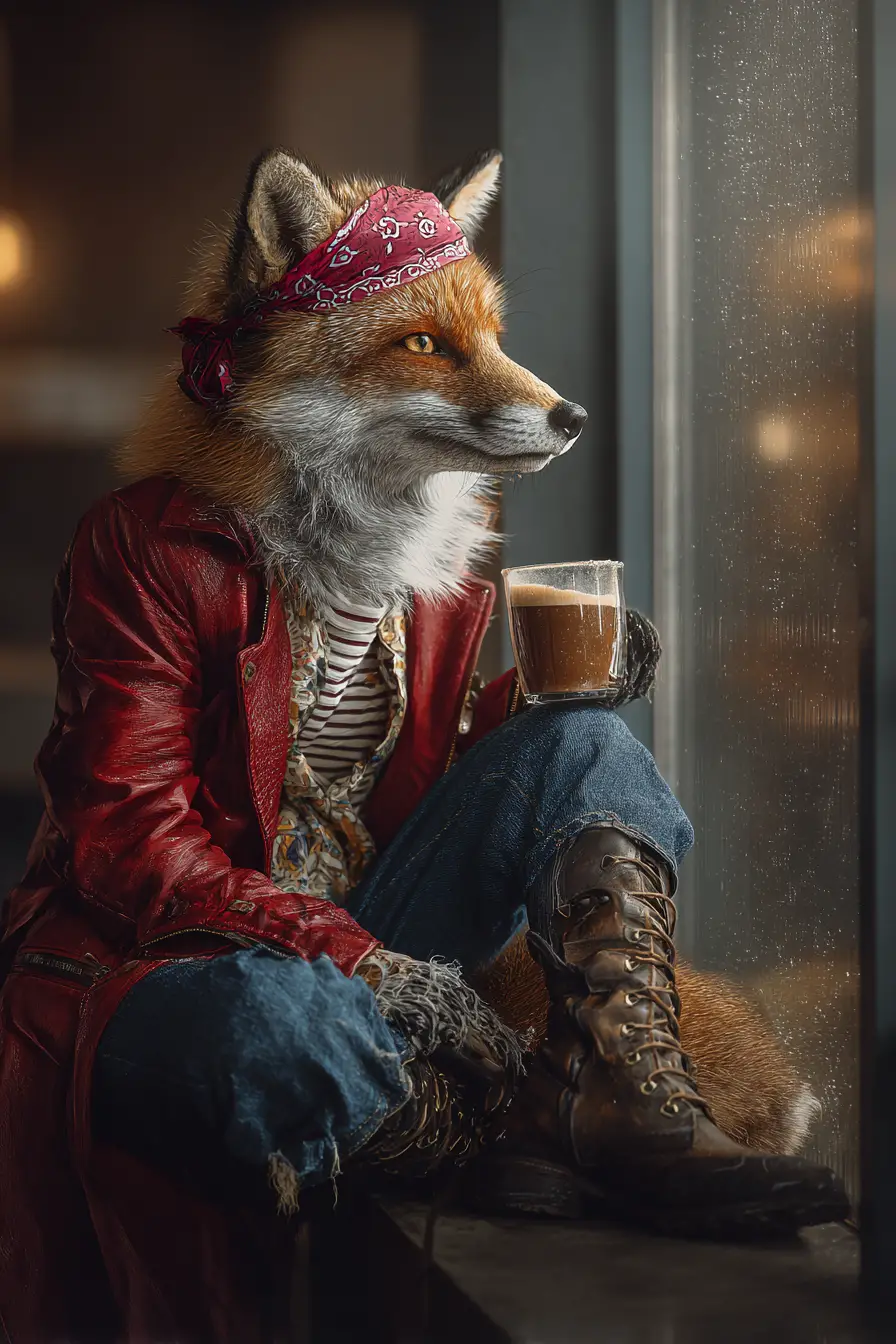 Stylish anthropomorphic fox drinking coffee in modern cafe