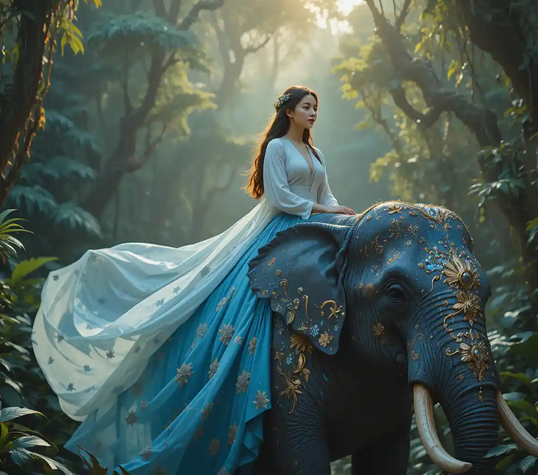 Elegant woman riding a decorated elephant through jungle mist