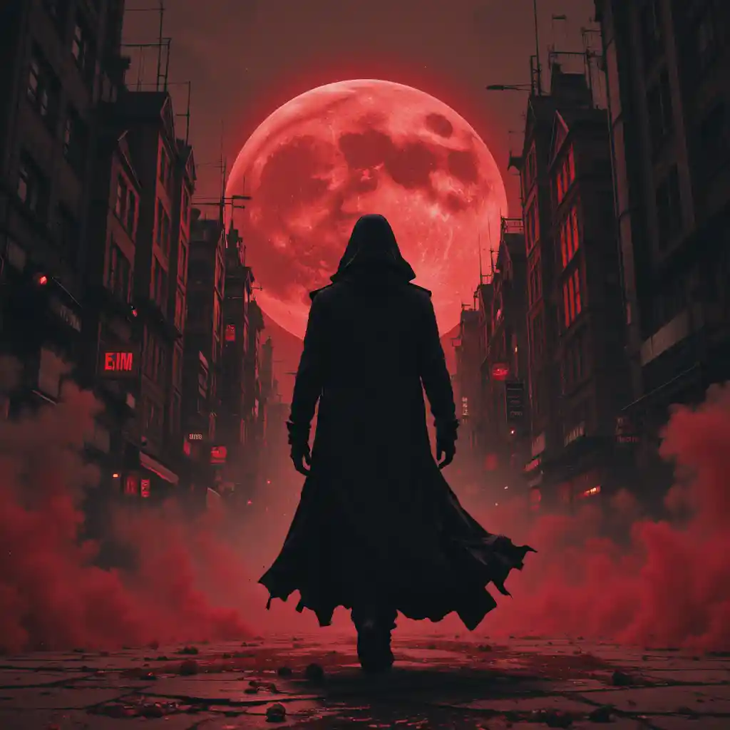 Figura oscura che cammina in una città sotto una luna di sangue