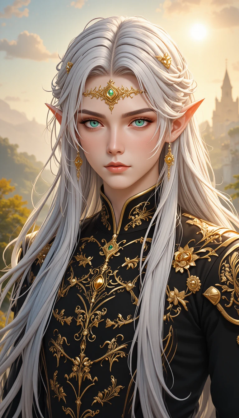 Majestic white haired elf prince in black and gold armor