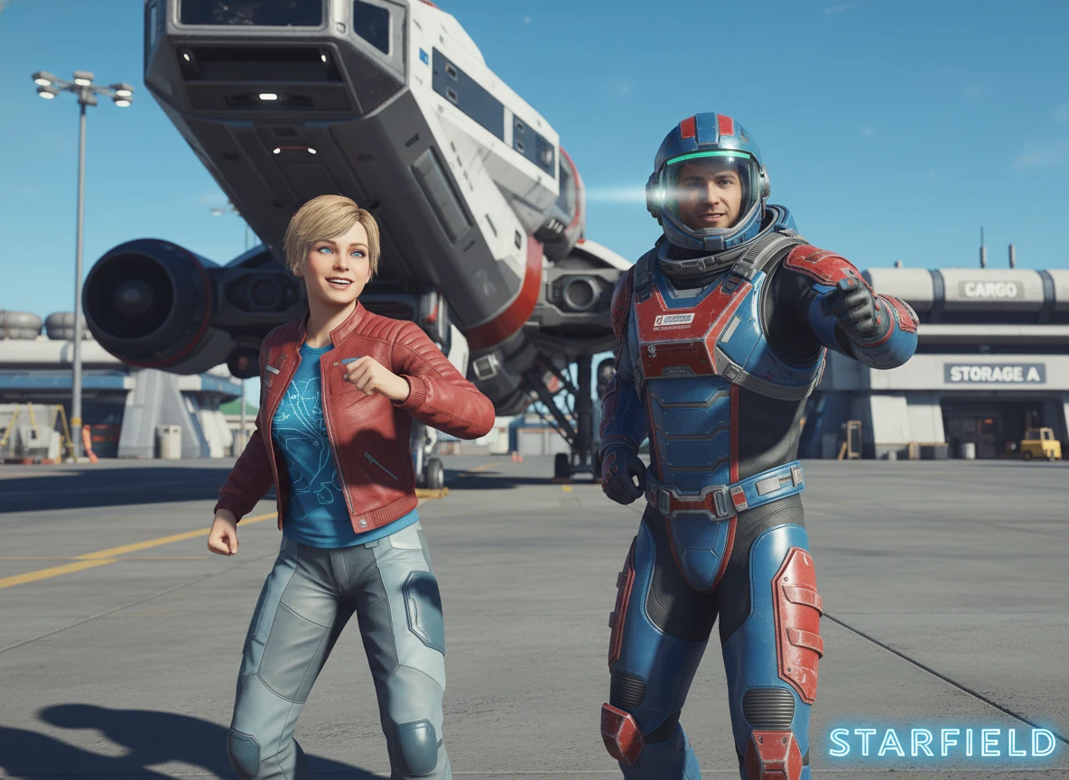 Dancing space explorers at a futuristic starfield spaceport