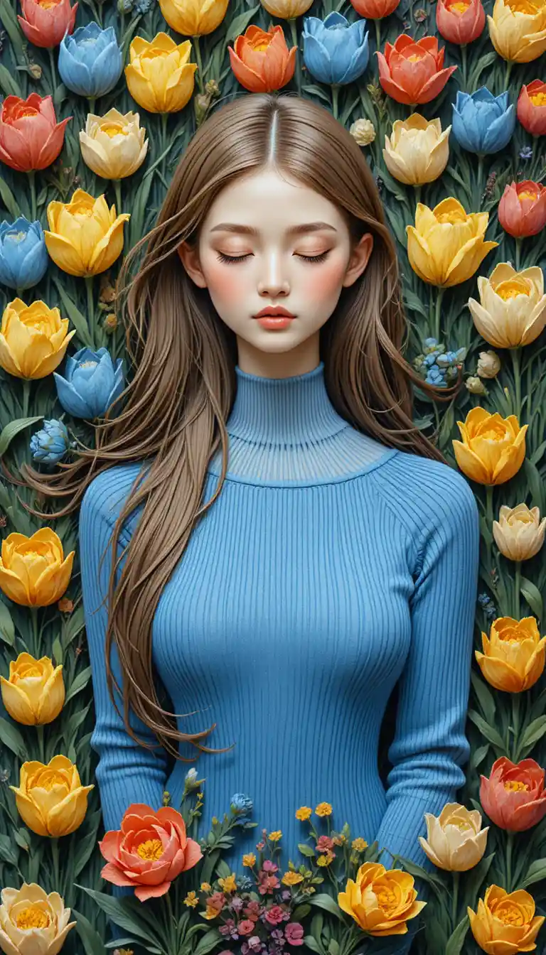 Embroidered girl with tulips in a dreamy floral garden