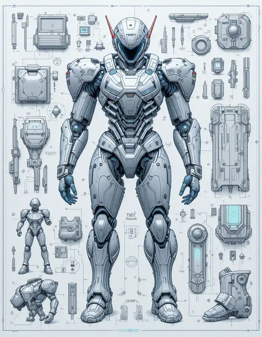 Blueprint Futuristico di Armatura Mecha Giapponese con Cockpit
