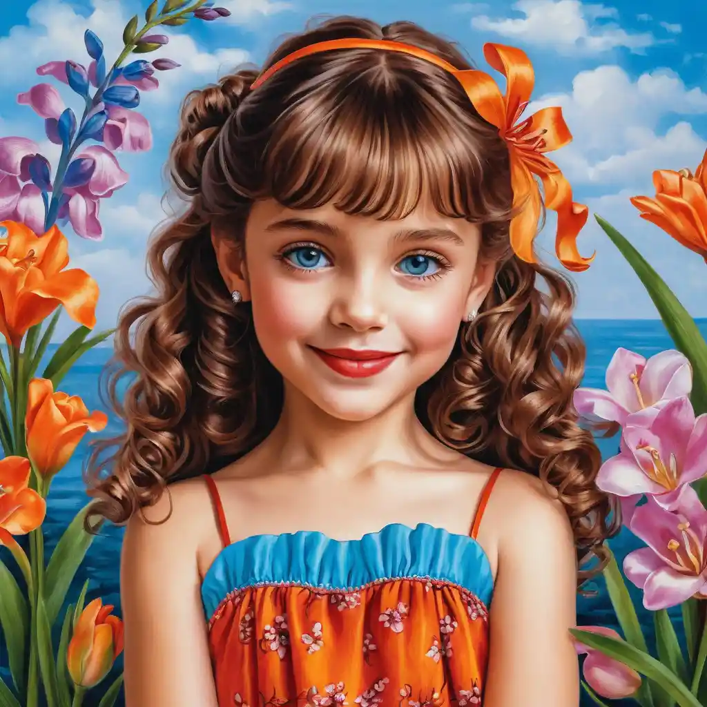 Smiling girl with pink freesia bouquet in red summer dress