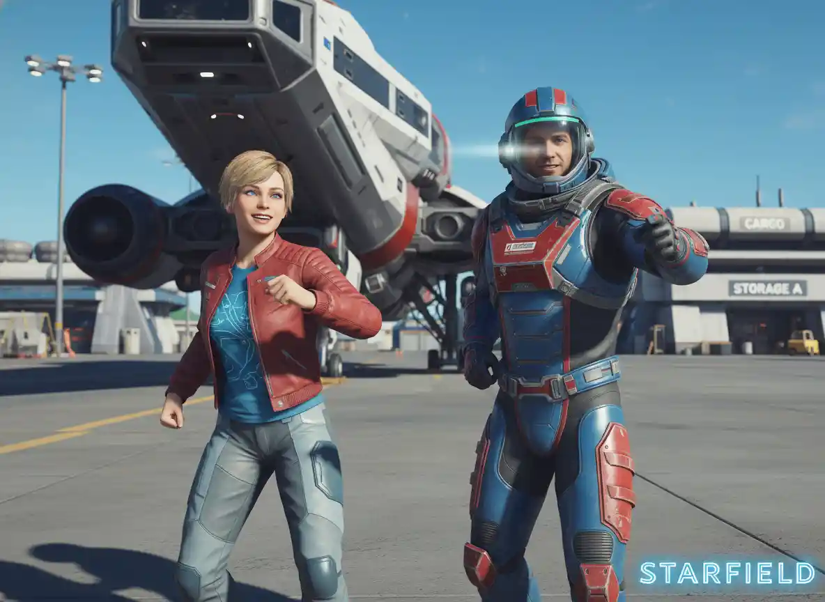 Dancing space explorers at a futuristic starfield spaceport