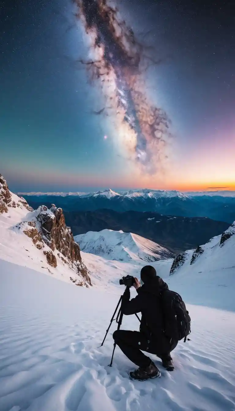 Camouflaged photographer on snowy mountain facing cosmic event