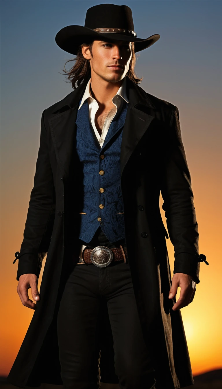 Retrato seductor de vaquero en una elegante escena nocturna del viejo oeste