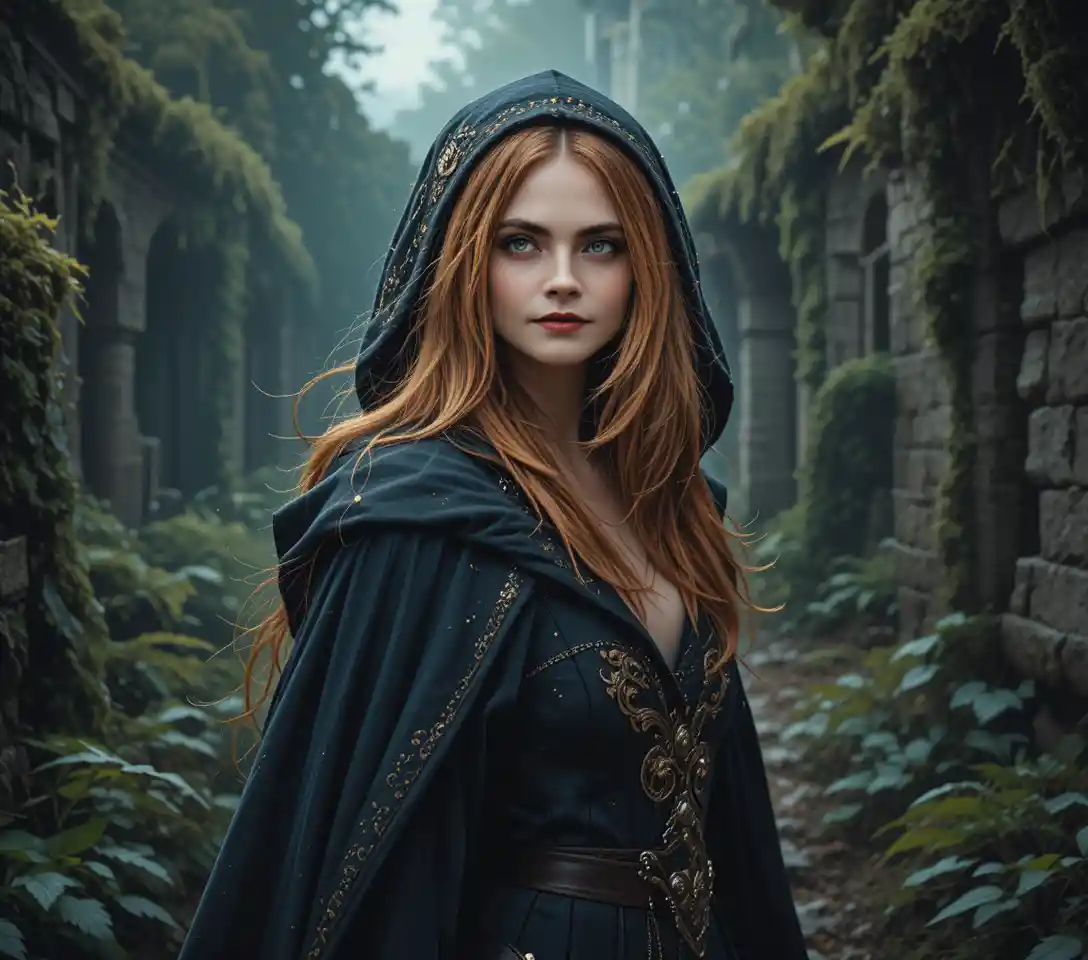 Hooded fantasy woman in ruins of a dark ancient forest