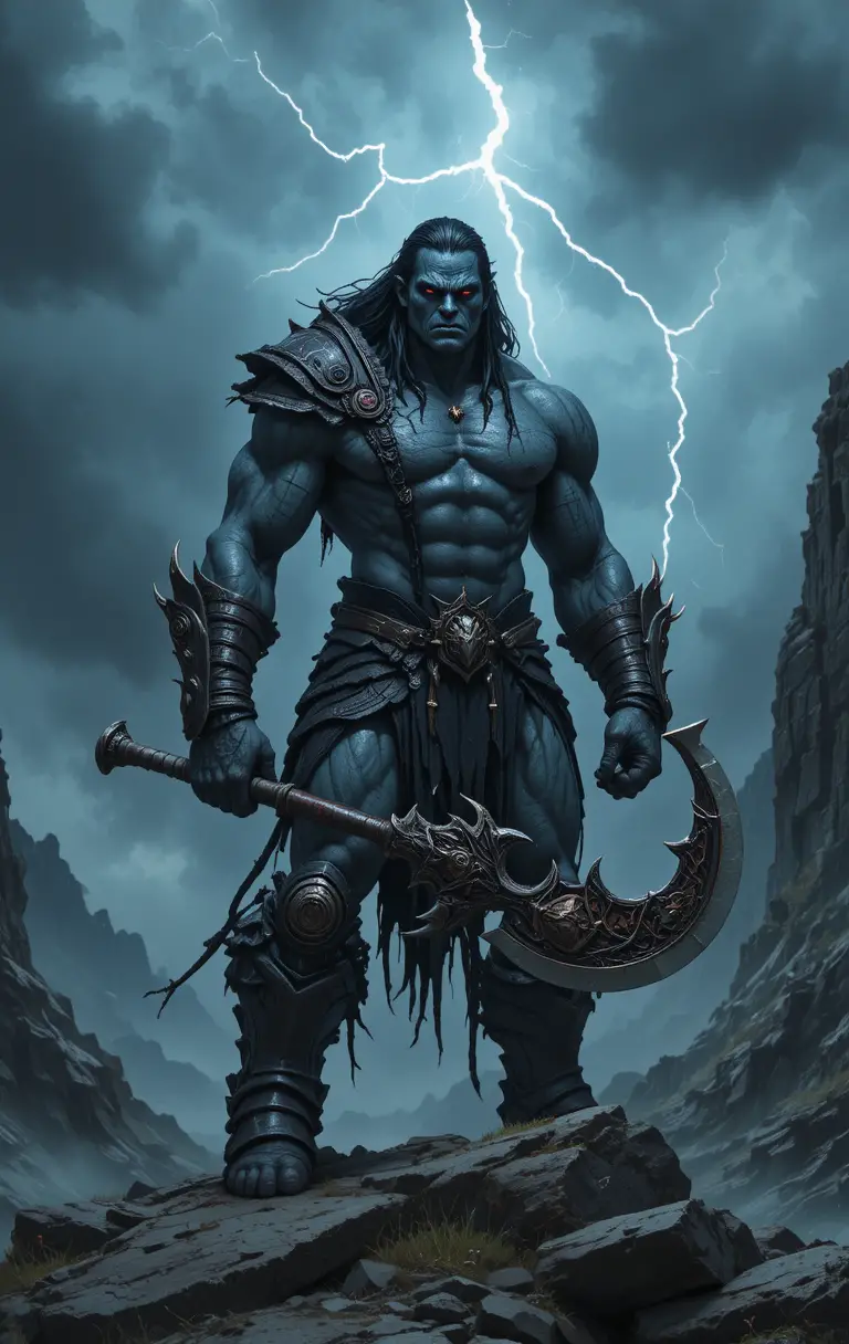 Blue orc warrior with axe under a raging storm sky